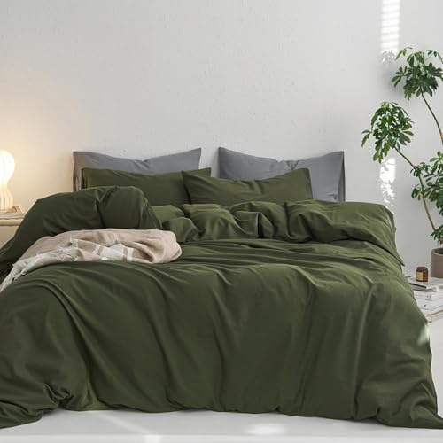 Lanqinglv - Juego de ropa de cama 220x240 cm, algodón Renforce verde oscuro, aspecto de lino, ropa de cama de algodón con cremallera, ropa de cama ÖKO-TEX adecuada para alérgicos, 1 funda nórdica y 2