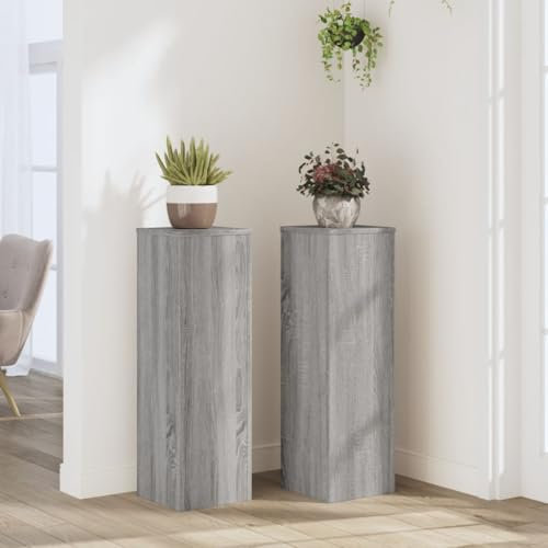 Makastle Blumenhocker 2er Set, Indoor Blumenständer Pflanzenständer Pflanzenstand Pflanztisch Deko Tisch Blumenregal Blumentopfständer Pflanzenregal, Grau Sonoma 25x25x80 cm Holzwerkstoff