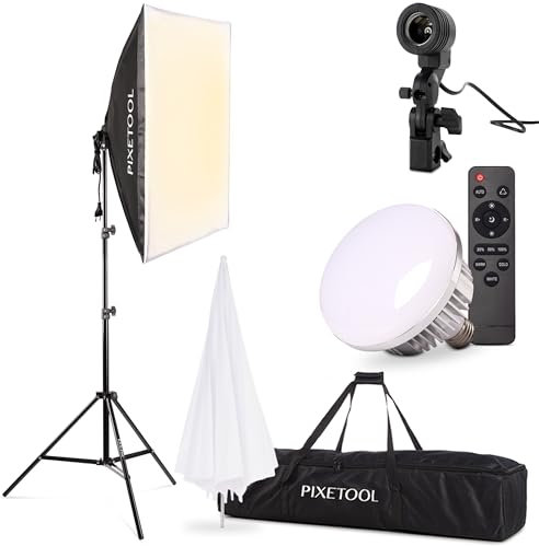 PIXETOOL Softbox Kit Studio Photo et Éclairage - 1 Softbox 50x70 cm, Parapluie Photographie, LED Lampe Photo 4800 Lumens 3000-6000K - Eclaraige Light - Lumiere Video Streaming Gaming