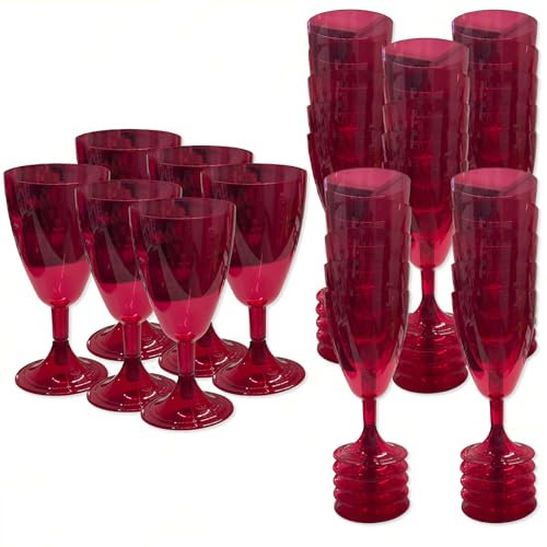 Sicignano | Set 36 Calici Flute 20 cl in Plastica Rossa, Trasparente, Impilabili, Lavabili in Lavastoviglie – Design elegante, Salvaspazio, Riutilizzabili – Perfetti per Feste Cene Eventi