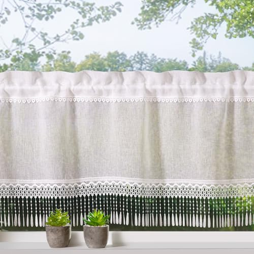 heimtexland ® Scheibengardine Landhaus Gardine Leinen Optik Natur Makramee Spitze Bistrogardine 45x120 Typ896 Fransen Borte