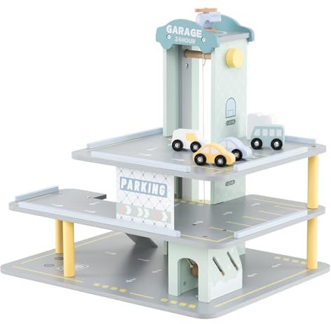 COSTWAY Parkhaus Holz, Parkgarage mit 3 Etagen & 4 Autos & Aufzug, Autogarage Spielzeug für Kinder ab 3 Jahren