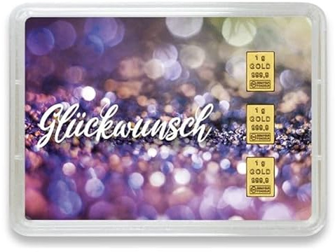 Gold zum Geburtstag verschenken - Goldbarren 3x1g in Geschenk Motivbox “Herzlichen Glückwunsch” - Feingold - Echtheitsgarantie
