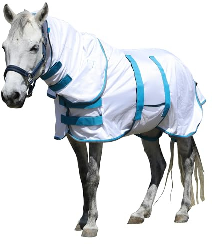 Gallopoff Pony Fliegendecke mit abnehmbarem Halsteil, atmungsaktiv & leicht, bequem, Sommerdecke für Mini-, Shetty- & Zwergpferde, verstellbare Brust- & Bauchgurte Weiß 85 cm