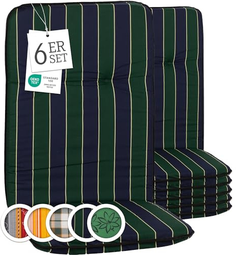 Beo Bali Paspelauflage Hochlehner blau dunkelgrün gestreift 114x47 cm, 6er Set | Waschbare, atmungsaktive Auflagen | UV-beständige Sitz-Auflagen | Made in EU nach Öko-Tex Standard | Pflegeleicht