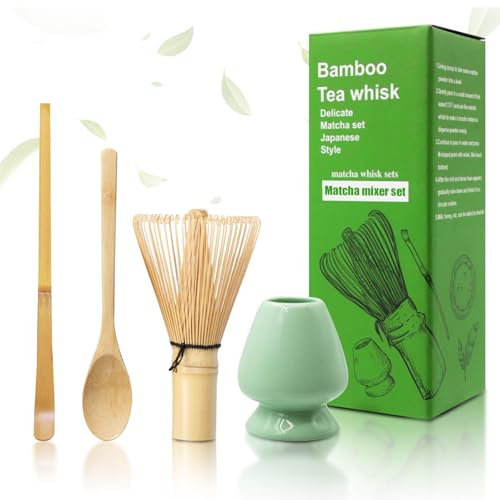 Jomdjmskes 4 Pièces Matcha Kit, Accessoire de Cérémonie du Thé Japonais, Set de Fouet Matcha Bambou, Porte-Fouet en Céramique, Kit Matcha avec Fouet Bambou Japonaise Traditionnelle pour Cérémonie Thé