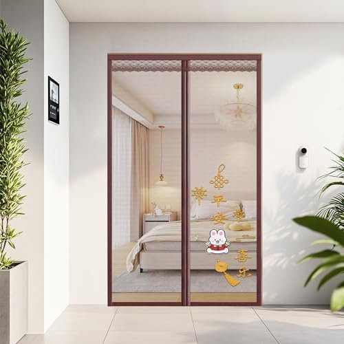 Magnetic Screen Door Diamond mesh Embroidery - 70x180cm(WxH)- Heavy Duty Self-Closing Screen, Pet-Friendly, Mosquito, Fly, Bug Net - Patio Magnet Mesh Partition - Retractable,Dark Brown