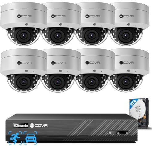 4COVR PoE Security CCTV Camera System, 8CH 4K NVR 2TB HDD, ELY54AX8M0808 | 8×8MP IK10 Vandal-Proof IP67 Dome IP Camera, with Audio, AI Human Vehicle Detection & Night Vision, 24/7 Recording for Home
