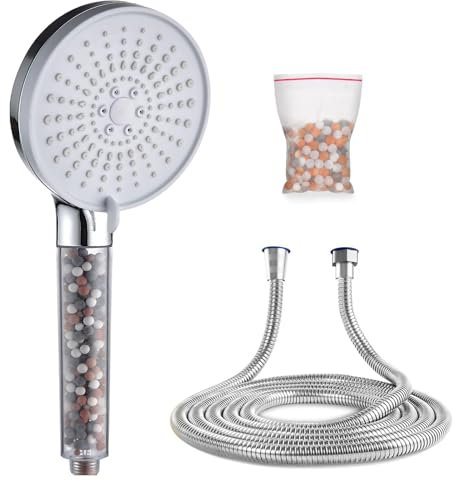 Vuadzren 5 Strahlarten Duschkopf mit Filter, Hochdruck Handbrause mit 1,5-2M Schlauch, verschönert die Haut Wassersparend Duschbrause mit mineralischen Filtersteinen (1, weiß)
