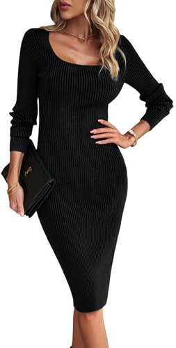 Atxnn Robe Femme Col Carré Robe Pull Manches Longues Dress Hiver Automne Robe Tricoté Midi Elégante Chic Moulante Couleur Unie