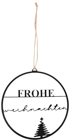 UNUS Weihnachtsdeko Aufhänger rund ca. 25 cm Metall-Dekoanhänger schwarz | mit Frohe Weihnachten und Tannenbaum zum Aufhängen an Fenster, Tür oder Wand mit Juteband