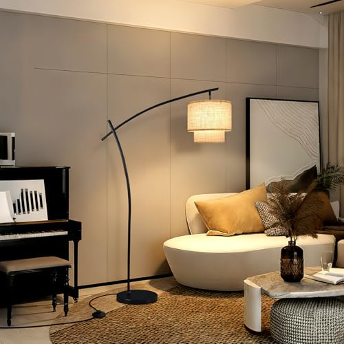Lightdot Arc Floor Lamp for Living Room, Modern Standing Tall Lamps with Double Linen Shade, Tall Hanging Pole Lamp with Stable Base & Bulb Included for Bedroom/Sofa Beside/Corner Decor-Black