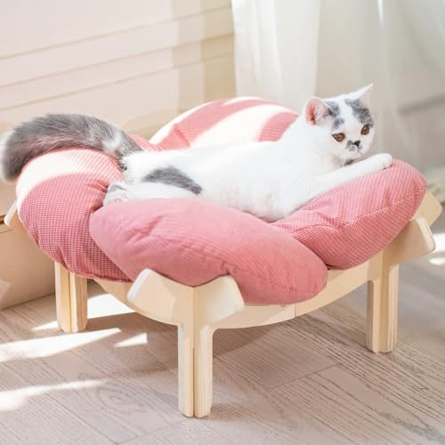 CheerPals Erhöhtes Katzenbett Blumenform, 55cm L&W Großes Katzensofa, Stilvoll Katzenstuhl mit Hochelastischer Weich Kissen, Katzenmöbel zum Schlafen für Alle Katze