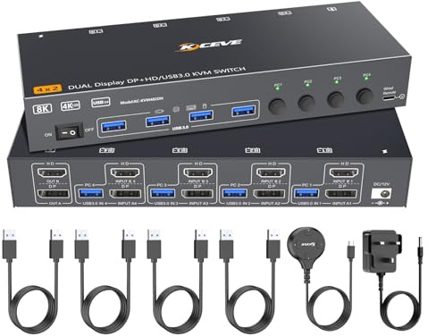 Conmutador KVM de doble monitor 8K a 60Hz, ESKEVE 4K a 144Hz HDMI Displayport KVM, 2 monitores, 4 computadoras con 4 dispositivos USB, adaptador de corriente de control con cable y 4 cables USB 3.0