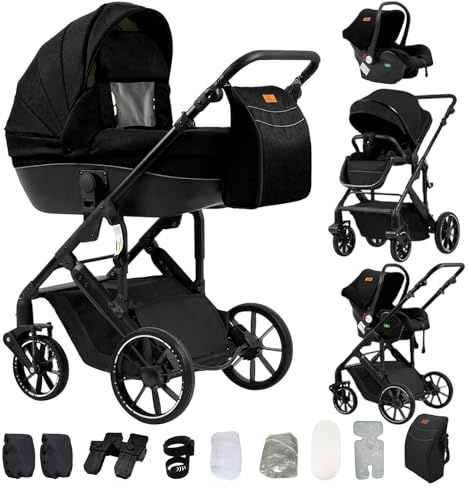Aveainelle Travel-System 4 in 1 inklusive Baby-Kinderwagen Kinderwagen Babytragetasche, für 0-4 Jahre Baby, bis zu 25 kg, Ganzjahresanwendbar (Schwarz)