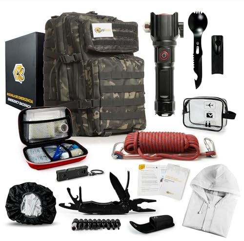 Bee Ready Kit de survie d'urgence complet - Sac à dos militaire 45L, lampe torche LED tactique, trousse de premiers secours, couteau multi-outils, couverture thermique - 25 pièces, 3 couleurs