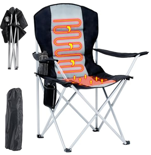 Obqer Uppvärmd campingstol vikbar, 100 kg tung campingstol med sidoficka och kopphållare, 3 nivåer av värmejustering, ergonomisk rygg, perfekt för sportutsikter, powerbank NlCHT ingår