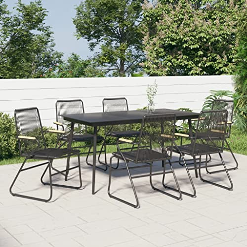 QJBSAVVA 7-TLG. Garten-Essgruppe Schwarz aus PVC-Rattan mit 6 Stühlen & 150 x 80 cm Glastisch Modernes Balkonset Robust und Langlebig für Garten Terrasse und kleine Balkone
