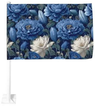 Blau-weiße Rosen Pfingstrosen und Lilien Autofahne für den Außenbereich, Fenster-Clip, 30 x 45 cm, doppelseitige Auto-Dekoration