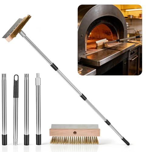 Pizzaofen Bürste mit Stahlschaber, Pizzastein Bürste 145cm Einstellbarer Aluminium Griff, 25.5cm breite Messing Grillbürste für Küche, Outdoor & gewerbliche Nutzung