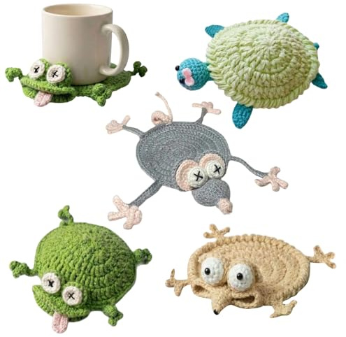 Posavasos para bebidas – 4 piezas de ganchillo con forma de animales protección escritorio – Simpáticos portavasos para café, restaurante, hotel, , casa, comedor, cocina, apartamento