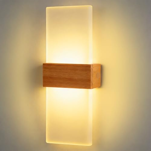 LED Wandleuchte Innen aus Acryl 12W Warmweiß 3000K mit Holzgehäuse Lampe | LED Wandlampe Moderne Up Down Wandbeleuchtung für Flur Treppenhaus Balkon Wohnzimmer Schlafzimmer