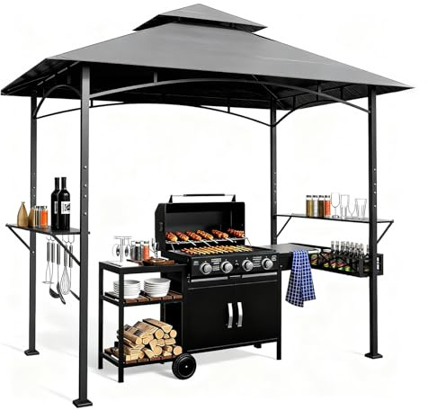 WoRaum Grillpavillon 2,44x1,51m inkl. Metallkorb – Wetterfeste Grillüberdachung mit Doppeldach, 2 Ablagen & Klemmmontage, Gartenpavillon für Garten und BBQ, Ausführung mit Zubehör