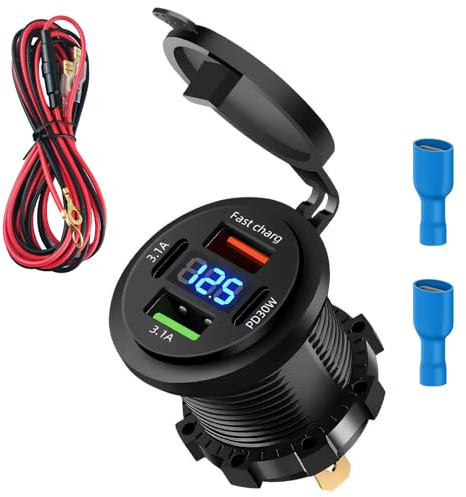4 Puertos Toma USB 12V Cargador de Coche, Super Rápido Doble PD3.0 & QC3.1 | 66W USB A/C Enchufe Impermeable Mechero, con Led Voltímetro Interruptor, para Barcos Autocaravanas Camiones Motos