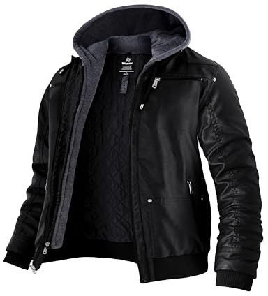 Wantdo Giacca Giubbotto Ecopelle con Cappuccio Giacca in Similpelle Giacca Ecopelle V intage Spesso-Nero 3XL