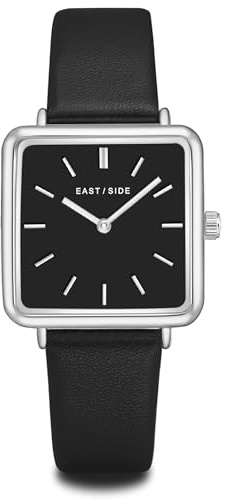 Eastside Damen Uhr Metall-Legierung Silber Quarzwerk | Echtleder Armband, schwarz, keine Prägung, Zifferblatt schwarz, Mineralglas, Armbanduhr, Fashion-Uhr