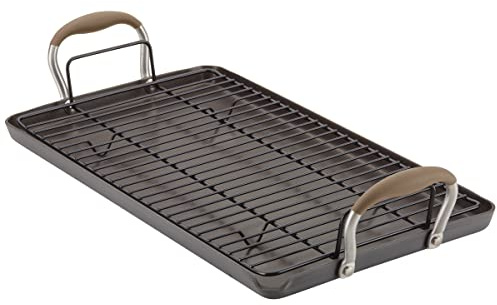 Anolon Advanced Home Hard Anodized Nonstick Double Burner Griddle/Grill Pan with Roasting Rack, 10 Inch x 18 Inch, Bronze