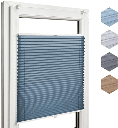Home-Vision Premium Faltrollo Plissee ohne Bohren mit Klemmfix Lichtdurchlässig Rollo Leinenoptik Blickdicht Sonnenschutz Jalousie für Fenster & Tür (Melange Blau B30 x H120cm) Klemmträger