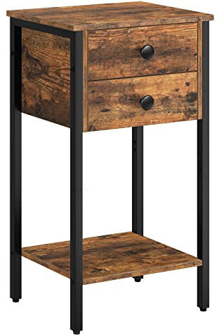 HOOBRO Tall Nightstand, End Table with 2 Drawers and Storage Shelf, Industrial Telephone Side Table for Study, Bedroom, Space Saving, Easy Assembly, Rustic Brown and Black BF72BZ01