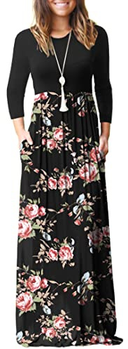 GRECERELLE Women's Casual Maxi Dress Long Sleeve Long Dresses with Pockets and Sleeves for Ladies (Rose Black, XXL)