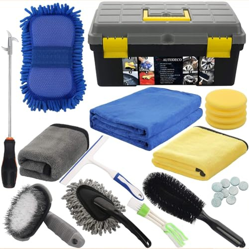 ACROPAQ Auto Reinigungsset - 25-Teilig, 8 Liter Box/Eimer, Felgenbürste, Mikrofasertücher, Scheibenwischer Reinigungstabletten, Schwämme, Auto Innenreinigung - Auto Reinigungsset Innenraum