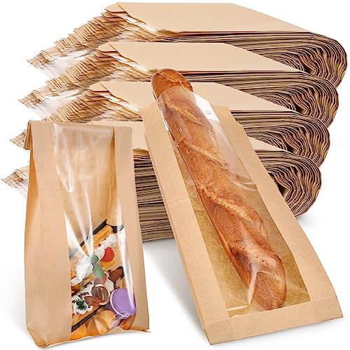 200 bolsas de papel para pan con ventana para bolsas de pan caseras, bolsas de almacenamiento de pan kraft marrón, bolsas largas para galletas francesas (6.5 x 2 x 18 pulgadas)
