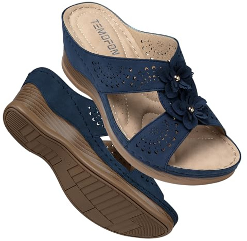 TEMOFON Womens Wedge Sandals Leather: Low Heels Platform Women Summer Wedge Sandals Navy Dressy Slip on Casual Comfortable Walking Size 10