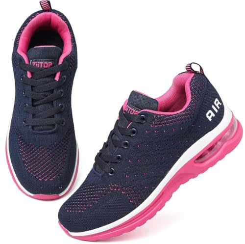 Löparskor damträningsskor promenadskor luftkudde atletiska sneakers damer andningsbara nät sportskor lätta halkfria tennisskor träning vardagliga gym joggingskor, Bluered, 38 EU