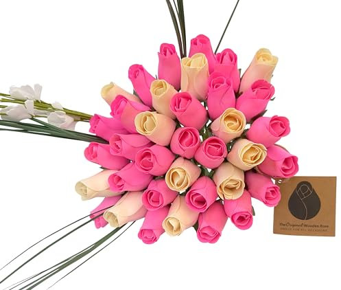 The Original Wooden Rose It's A Girl Rosenstrauß aus Holz, geschlossene Knospe, hellrosa und weiß, 3 Dutzend