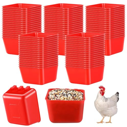 Maxdot 50 Pcs Cage Cups Chicken Feeder Cups 16 oz Hanging Bird Food Water Bowl Bunny Cage Feeding Dish for Pet Parrot Rooster Parakeet Gamefowl Poultry Pigeon(Red)