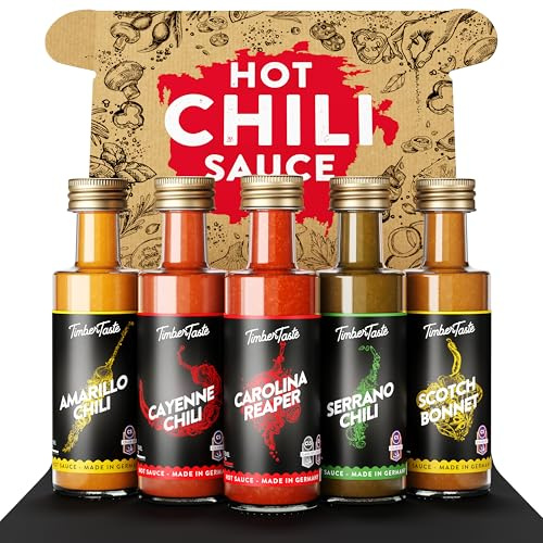 TIMBER TASTE® Scharfe Saucen Geschenkset Color - 5 Chili Hot Sauce Cayenne Scotch Bonnet Serrano Amarillo Carolina Reaper | Scharfe Soßen Set edle Männergeschenke Feinkost - Geschenke für Männer