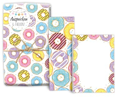 Mitgebsel-Set 12 Geschenkpapierbögen + 12 Lesezeichen + 12 Mini-Notizblöcken + 12 Aufkleber Donuts Gastgeschenke für Kindergeburtstag Mädchen Jungen Giveaways Geschenkset