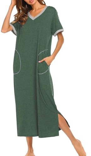 rismart Camicia da Notte Donna Pigiama Vestito Abito per Casa Manica Corta con Tasche Verde,M