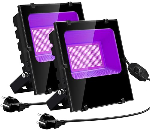 OTeedo Lumiere Noire LED 300W Avec Fiches de Commutation à Intensité Variable, Projecteur LED UV Extérieur 395-400nm Lumière Noire Ultraviolet pour Soiree Fluo, Body Painting, Halloween (Lot de 2)