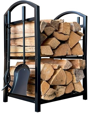 QUICK STAR Étagère à bois de cheminée en métal 45 x 30 x 74 cm - Rangement intérieur du bois de cheminée avec pelle, pince, brosse et tisonnier