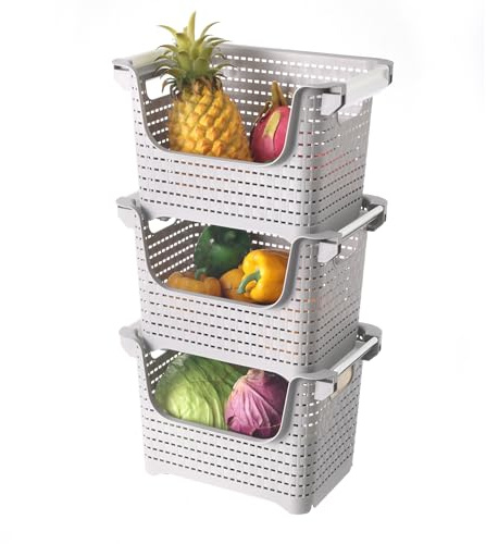 Qualiware 3 Pack Stacking Baskets Storage Veg Rack Plastic Storage Bins for Organising Fruits Condiments Toiletries Snacks Kitchen Bathroom, Stackable 21 × 33 × 60 Centimeter with Wheels (Grey)