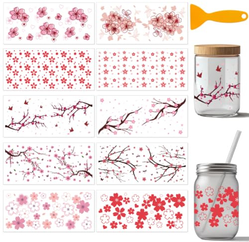 arricraft 10 Blatt Kirschblüten UV DTF Becherfolie Für 16OZ Glas Blumen Schmetterlinge Zweige Abziehbilder PVC Transferaufkleber Zum Aufreiben Für DIY Tassen Flaschen Möbel Holz Garten