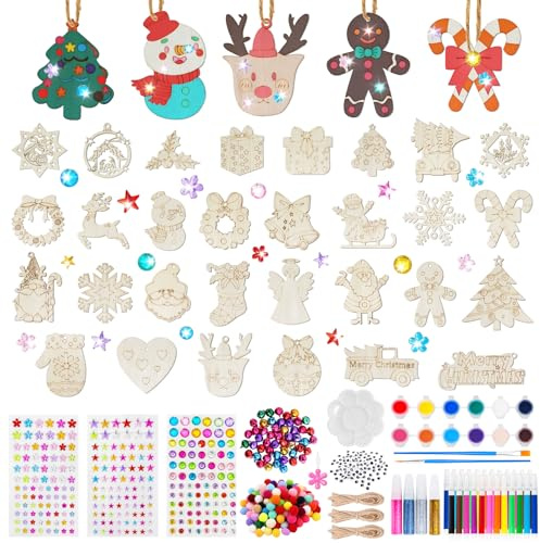 298 pièces de pendentifs en bois de Noël à peindre, ensemble de 30 types de bricolage de Noël pour enfants, par 2, décorations de sapin de Noël pour enfants en bois, pendentifs de décoration de Noël