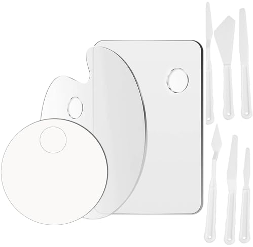 XUSSMM 3 Stücke Acryl Mischpalette, Transparent, 20 cm × 30 cm Palette, Mischen mit 6 Stück Kunststoff Malmesser Malspachtel Set für DIY Kunst Handwerk Malerei