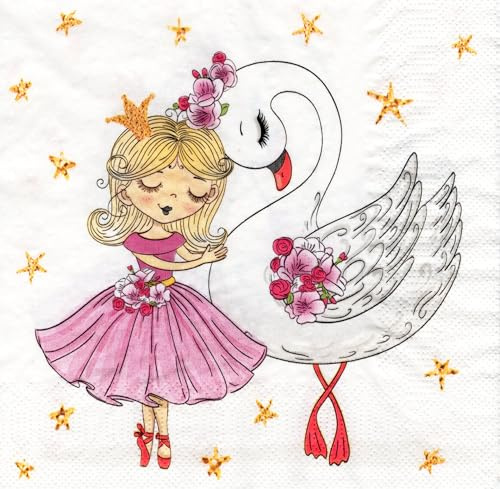 Lot de 20 serviettes en papier motif ballerine et cygne pour enfant - Motif ballerine rose - Motif cygne - Pour décoration de table - Technique de serviette - 33 x 33 cm